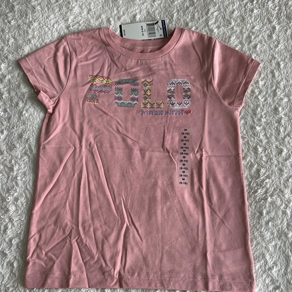 Polo Ralph Lauren girls size M 8-10 pink t-shirt sweater print POLO logo NEW